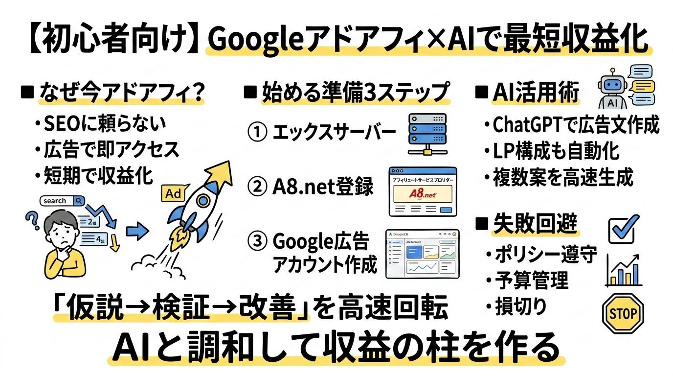 【初心者向け】Googleアドアフィの始め方!AIと広告で最短で収益化するステップ