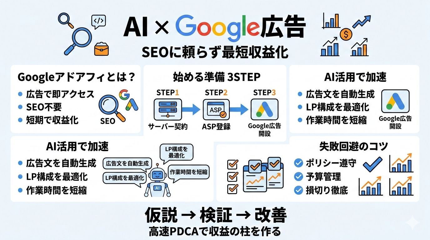 【初心者向け】Googleアドアフィの始め方!AIと広告で最短で収益化するステップ