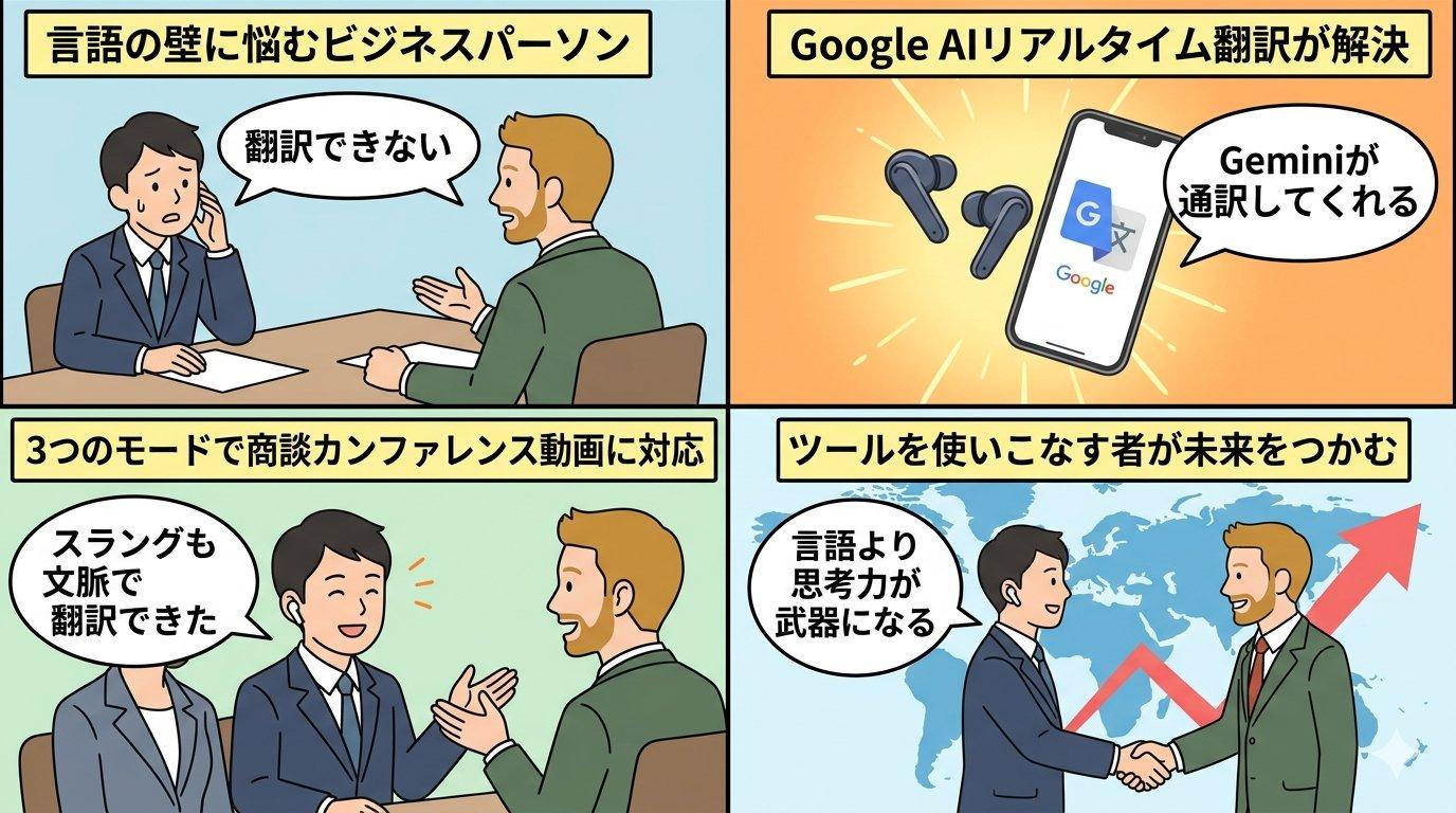Google AIリアルタイム翻訳の流れを描いた4コマ漫画