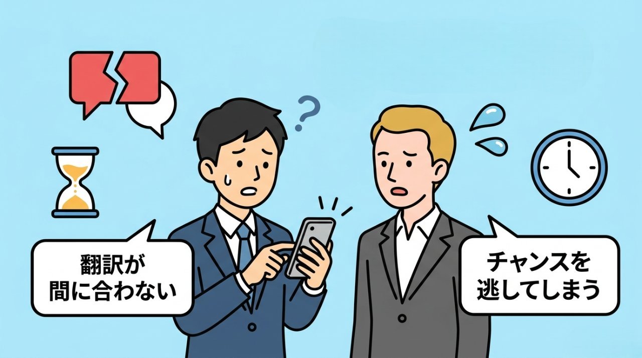 翻訳が間に合わずビジネスチャンスを逃すビジネスパーソンのイラスト