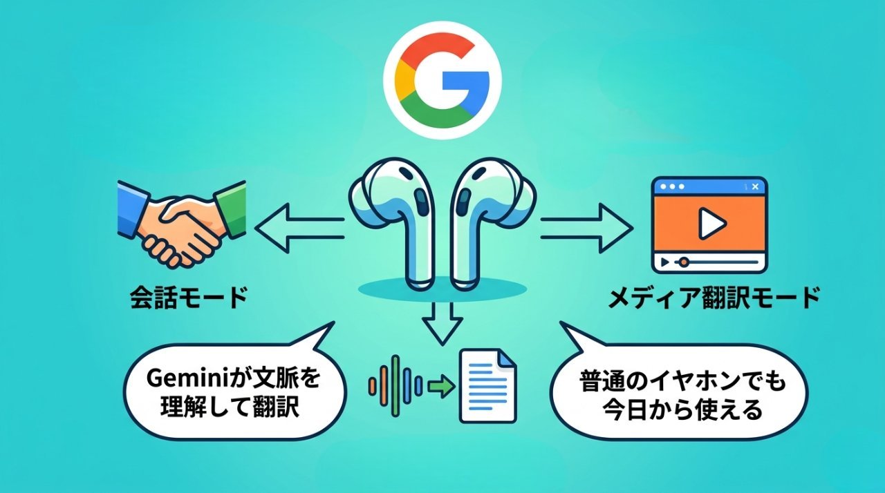 Google AIリアルタイム翻訳の3つのモード図解:会話・文字起こし・メディア翻訳