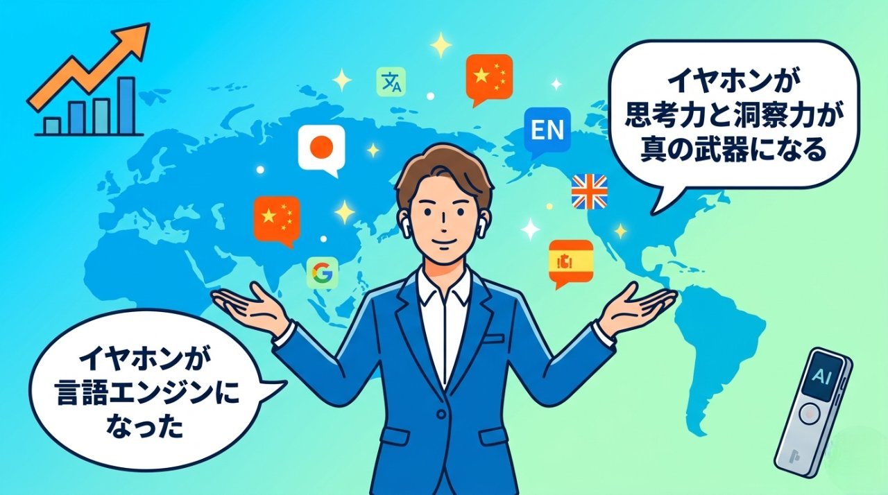 イヤホンが言語エンジンになりグローバルビジネスが広がる未来のイメージ