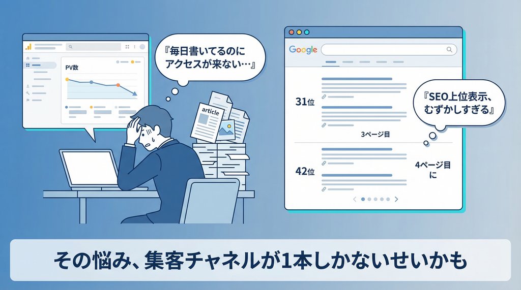 SEOだけに依存してアクセスが伸び悩むAIブロガーの悩みを表した図解