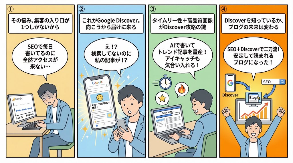 AIブログとGoogle Discoverの相性を4コマ漫画で解説