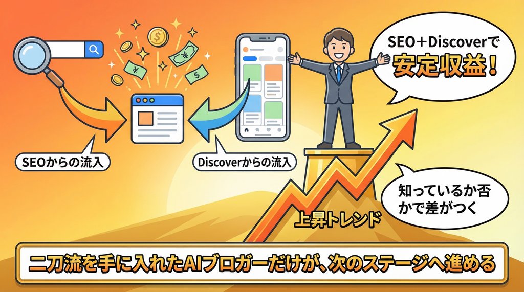 SEOとDiscoverの二刀流で安定収益を実現するAIブロガーの未来イメージ