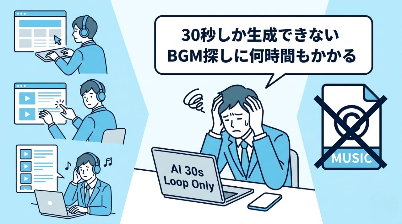 30秒しか生成できないBGM探しの苦労を表す導入イラスト