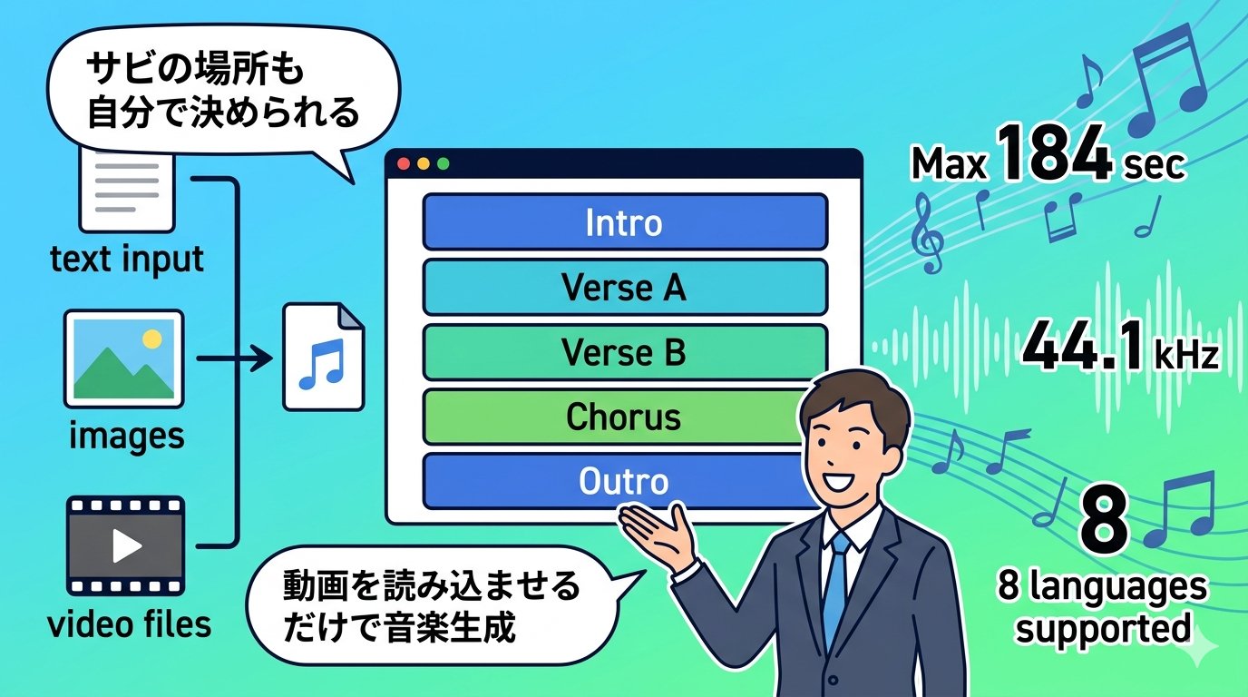Lyria 3 Proのスペックと機能を解説するイラスト（最大184秒・44.1kHz・8言語対応）