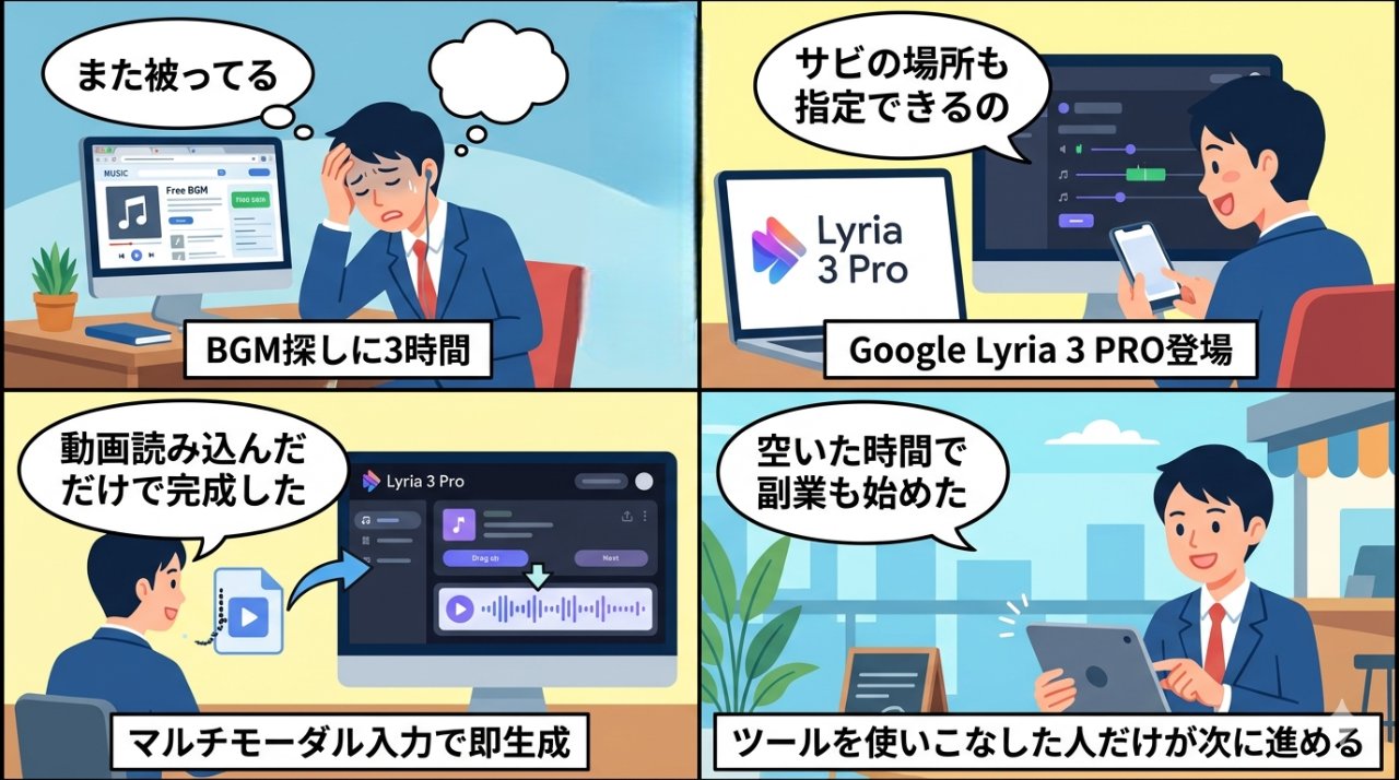 Lyria 3 Pro活用ストーリーを描いた4コマ漫画