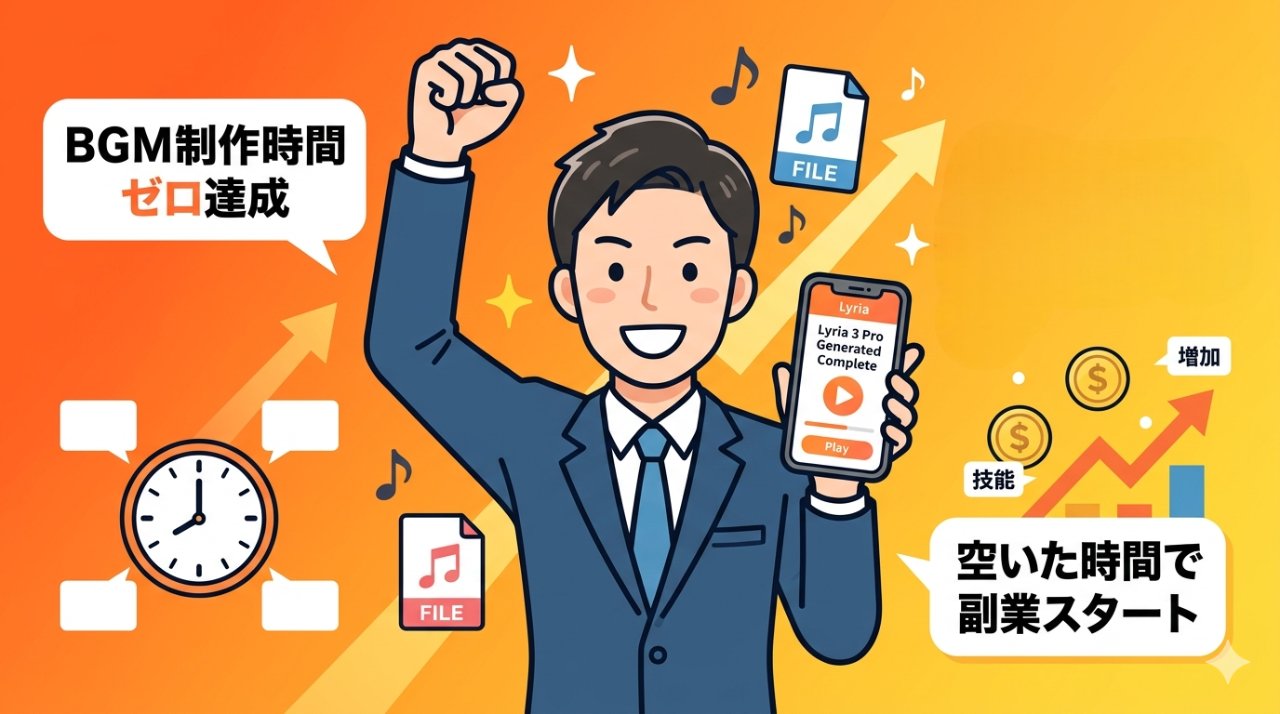 BGM制作時間ゼロを達成し副業スタートを喜ぶビジネスパーソンのイラスト