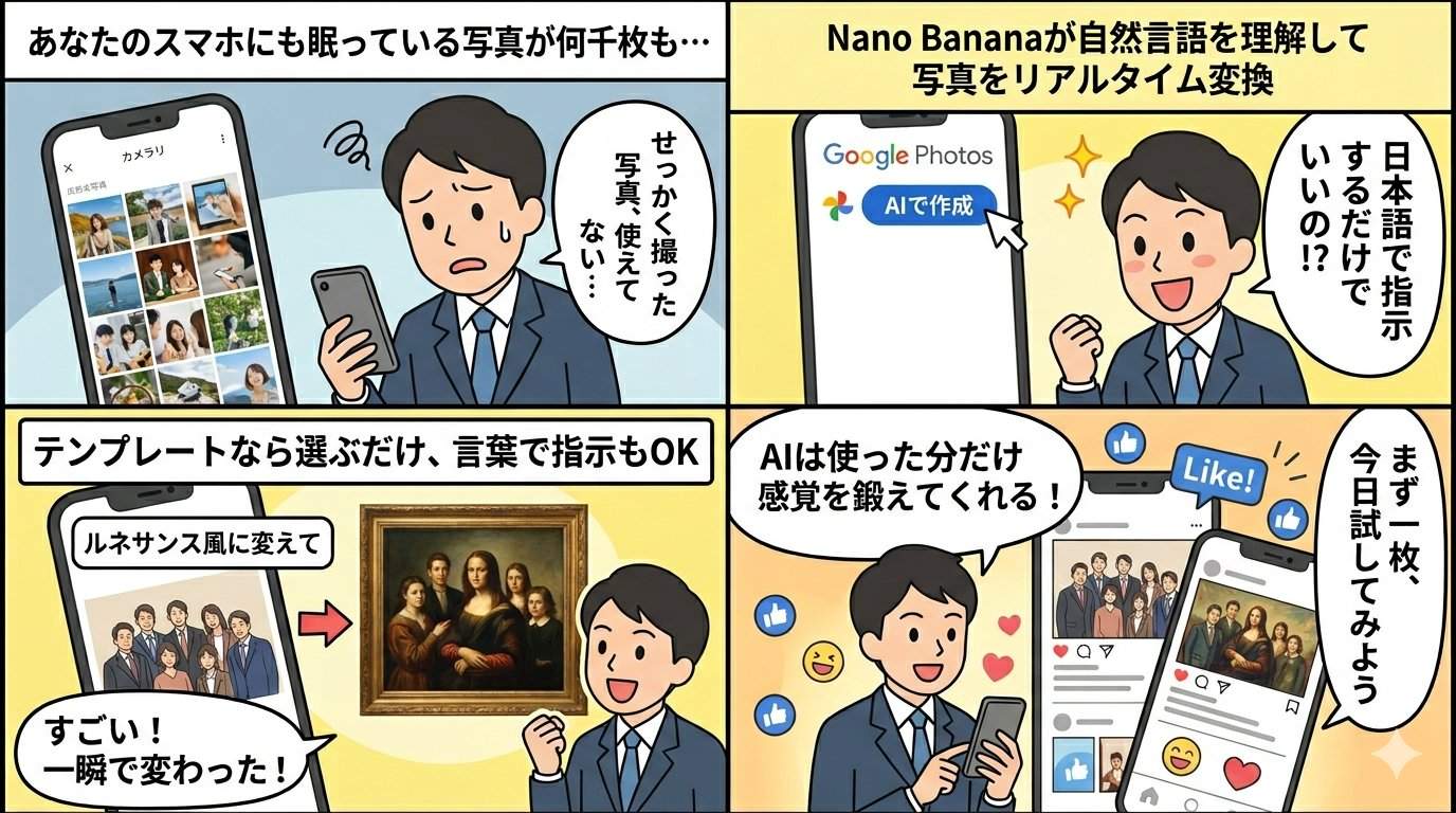 Googleフォト「AIで作成」体験4コマ漫画：課題提起から理想の未来まで