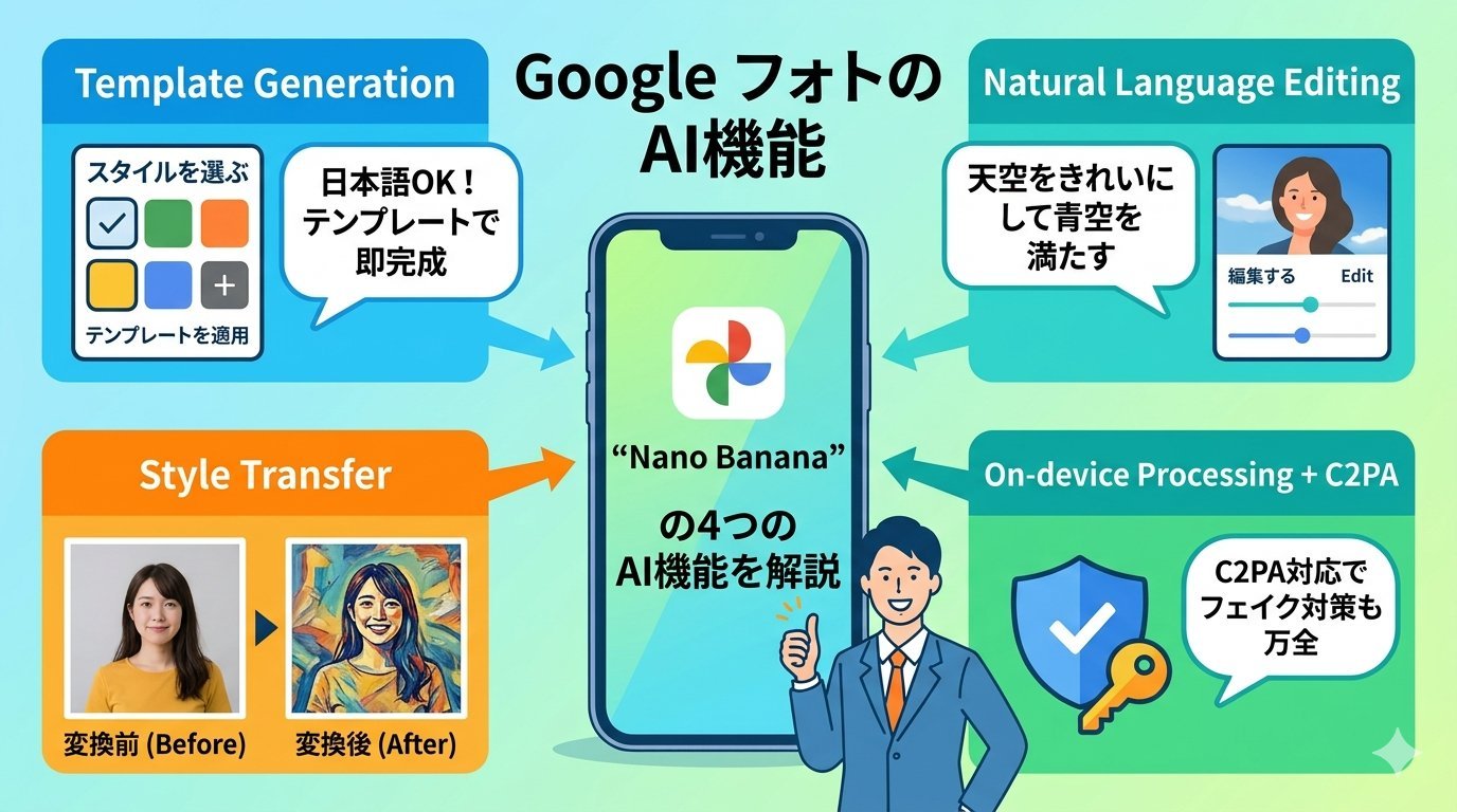 GoogleフォトのNano Banana・4つのAI機能を図解：テンプレート生成・自然言語編集・スタイル変換・C2PA対応