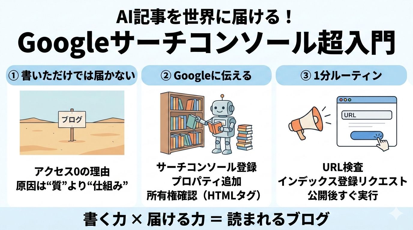AI記事を世界に届ける魔法の招待状！Googleサーチコンソール設定＆登録ガイド