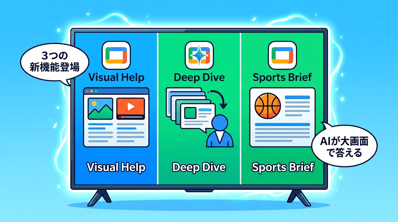 Google TVのGemini新機能3種(Visual Help・Deep Dive・Sports Brief)の図解