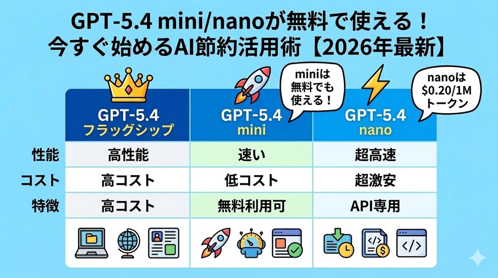 GPT-5.4 mini・nano・フラッグシップの性能・コスト・特徴比較表