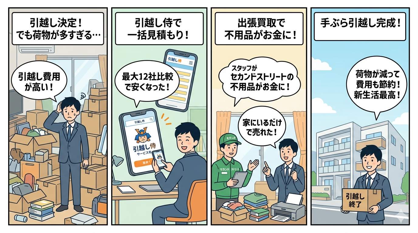 手ぶら引越し術4コマ漫画：課題から解決・出張買取・新生活まで
