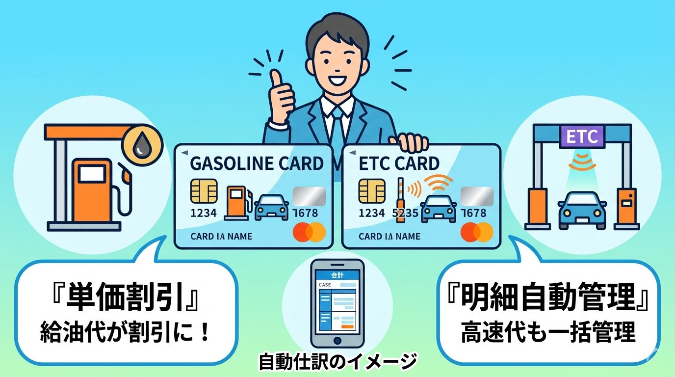 法人ガソリンカードとETCカードを2枚持つビジネスパーソン。単価割引・明細自動管理の説明イラスト