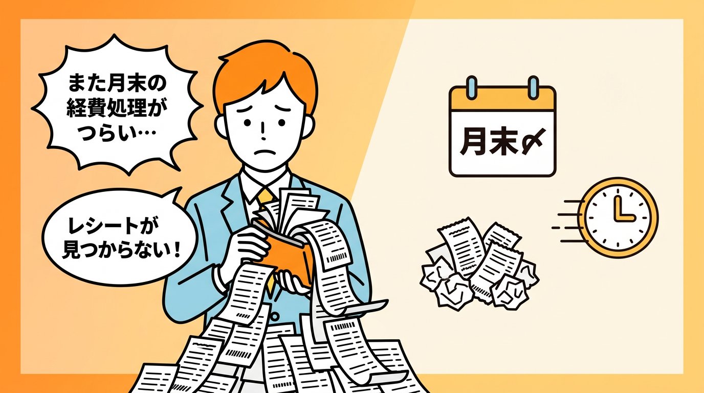 月末の経費処理に追われて困り顔のビジネスパーソン。レシートの山と時計のイラスト