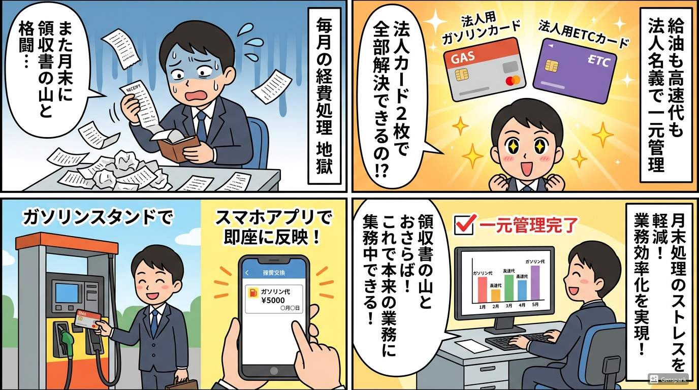 法人ガソリンカード・ETCカード活用の4コマ漫画。領収書の山から解放されて経費一元管理が完了するストーリー