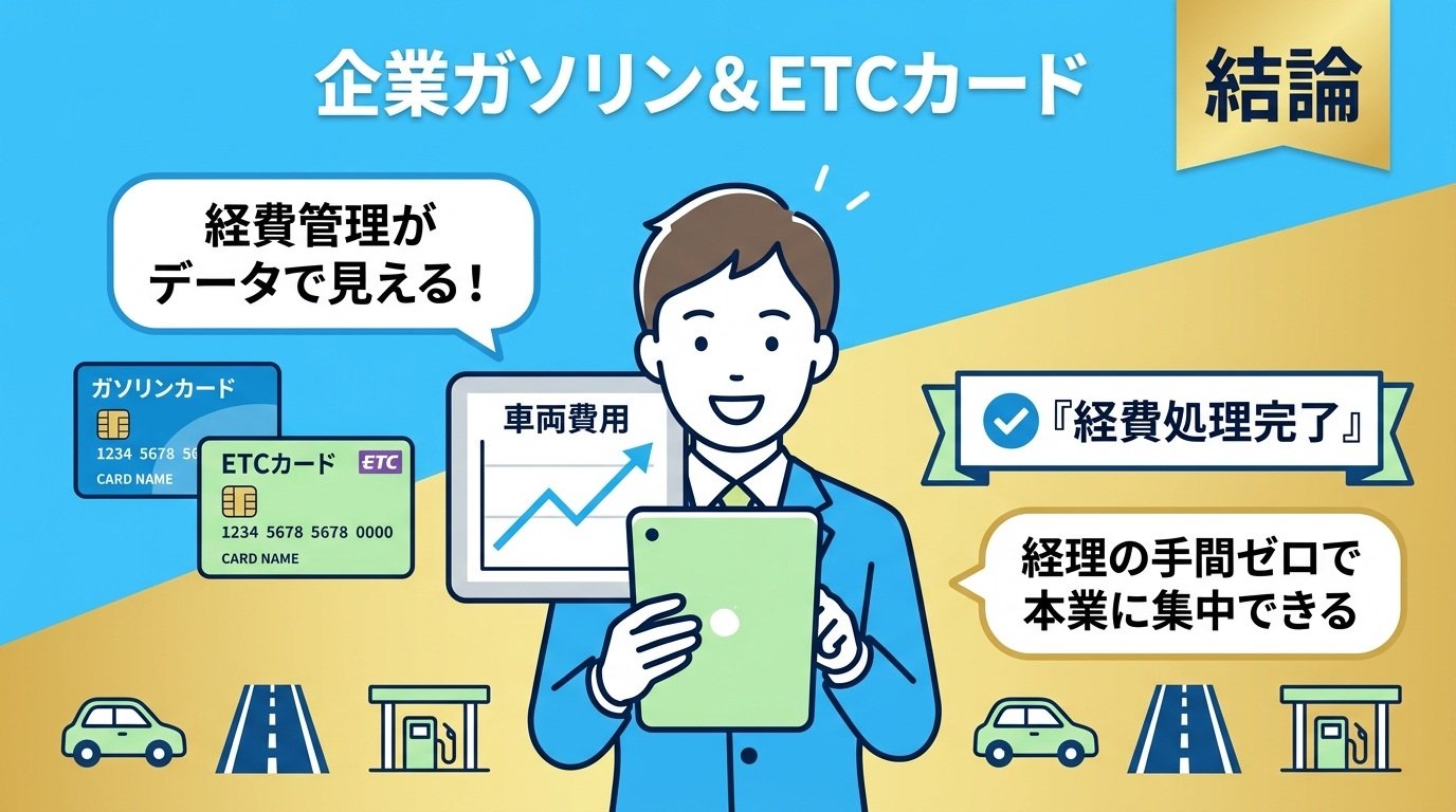 タブレットで車両費用グラフを確認する笑顔のビジネスパーソン。経費処理完了・経理の手間ゼロのイラスト