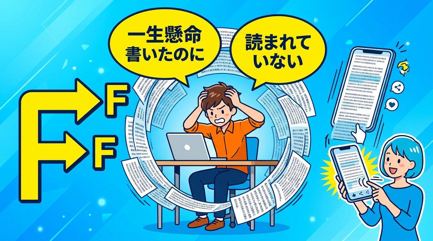 一生懸命書いたのに読まれない悩みを表した導入イラスト