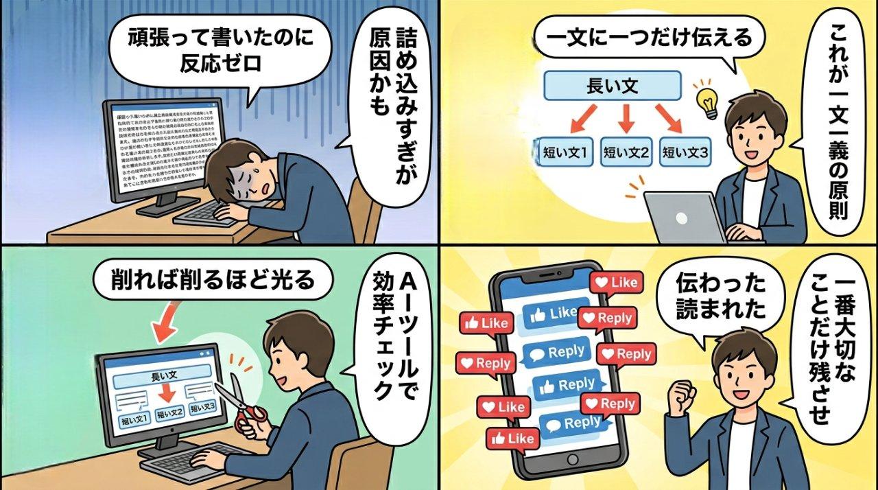 一文一義の実践を4コマ漫画で図解したイラスト