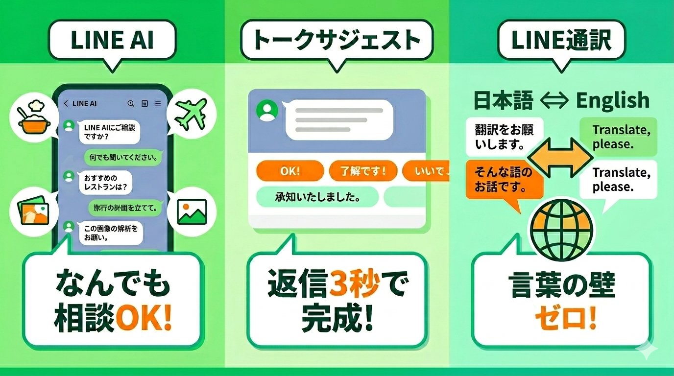 LINE AI・トークサジェスト・LINE通訳の3機能を横並びで図解したイラスト