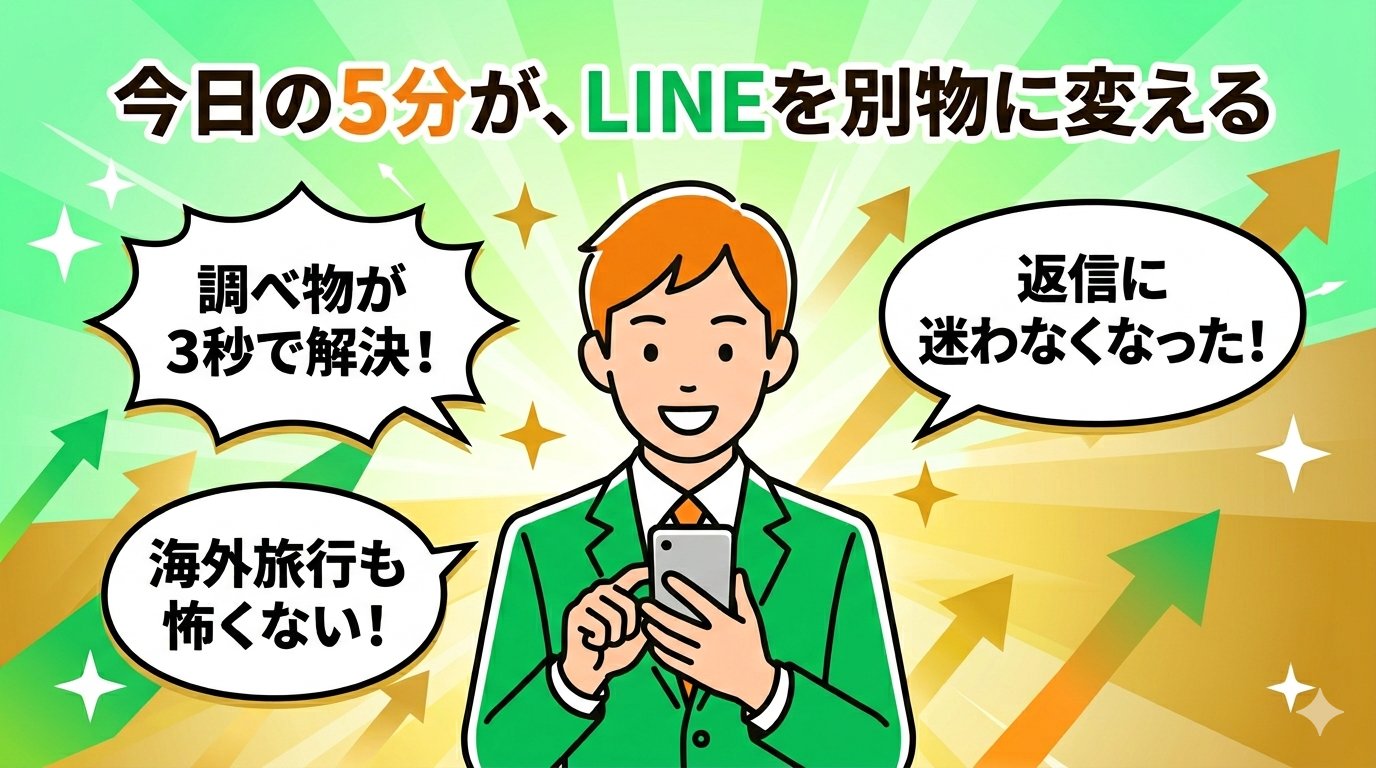 今日の5分がLINEを別物に変えるというメッセージと笑顔のビジネスパーソンのイラスト