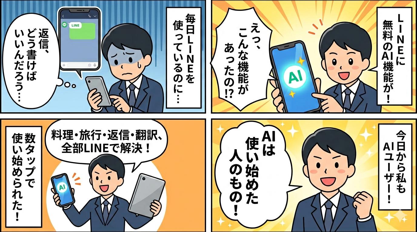 LINEのAI機能を使いこなす様子を描いた4コマ漫画