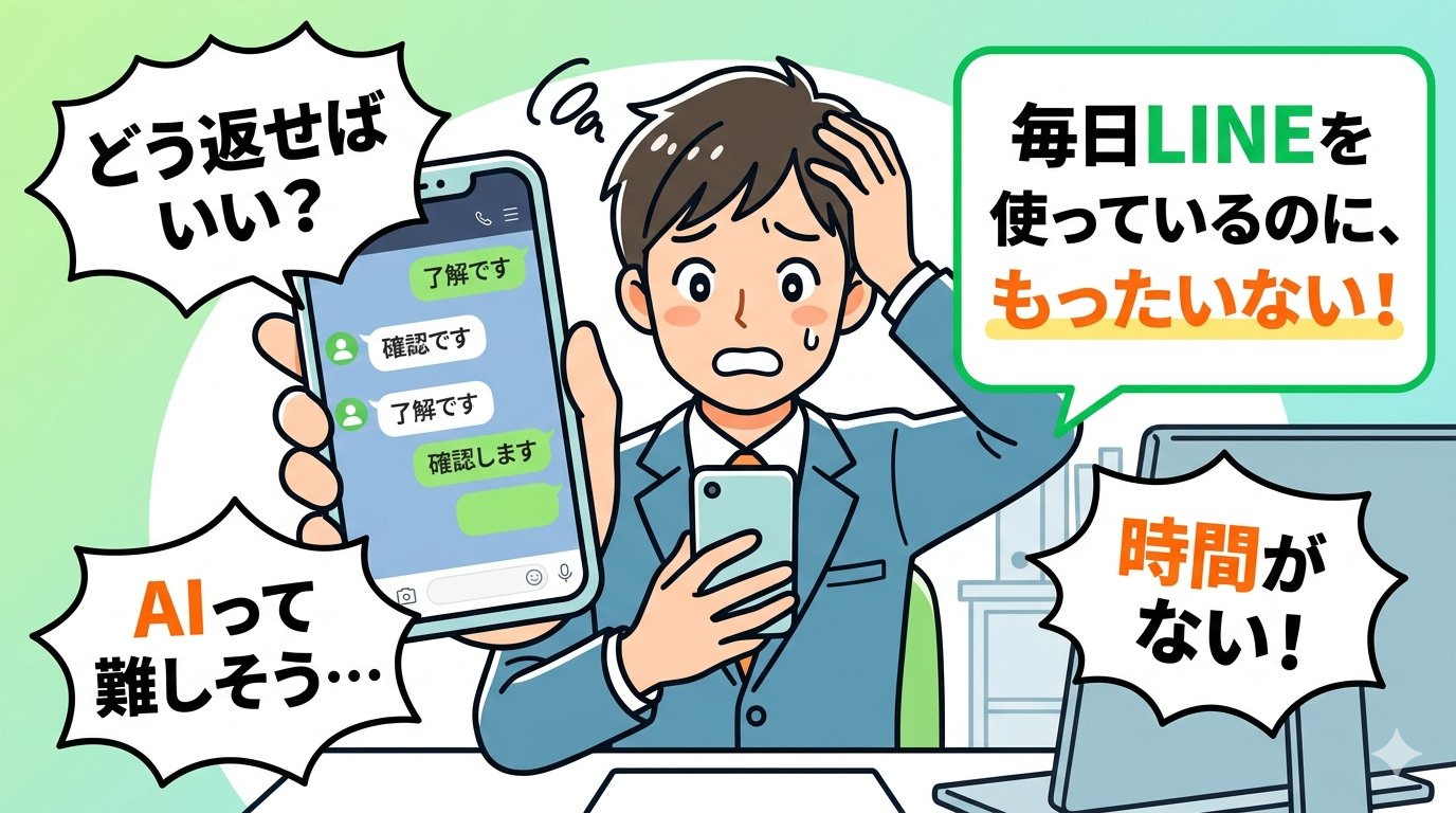 毎日LINEを使っているのにAI機能を知らないと損している様子を表したイラスト