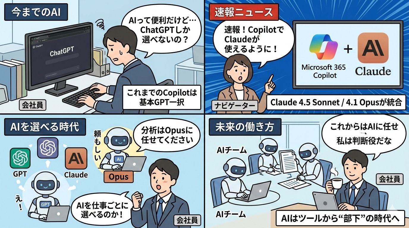 4コマ漫画：Microsoft 365でClaudeが使える衝撃