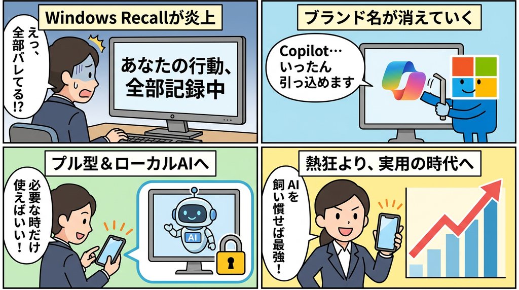MicrosoftのAI戦略転換を描いた4コマ漫画：Windows Recall炎上からローカルAI・実用時代へ