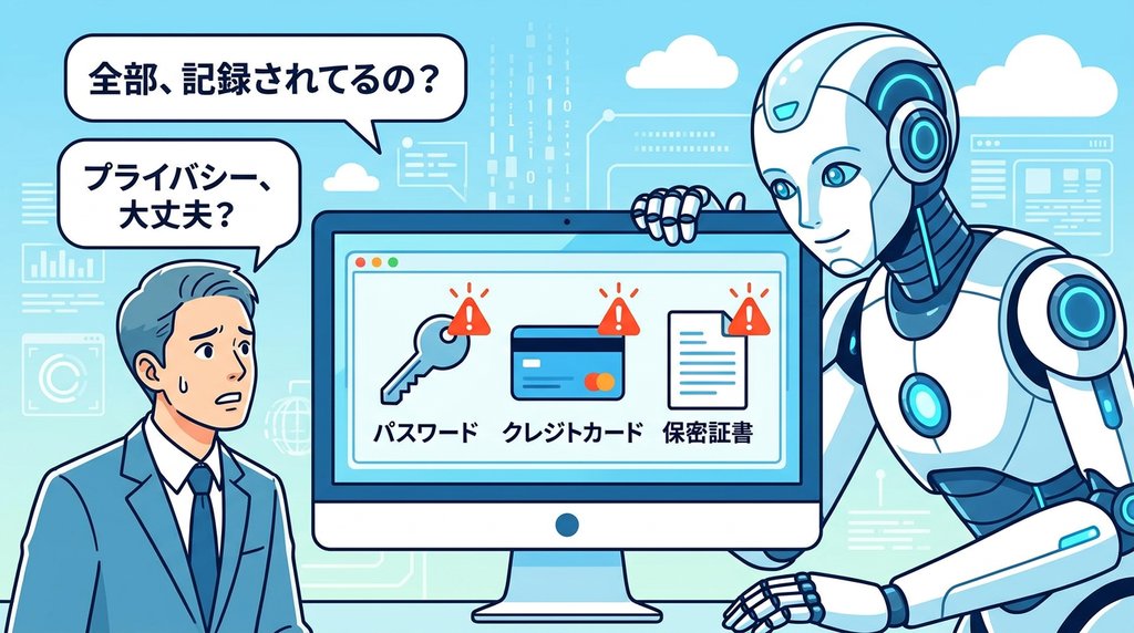 AIロボットがPC画面を覗き込み、パスワードやクレジットカード情報が警告マーク付きで表示されている導入イラスト