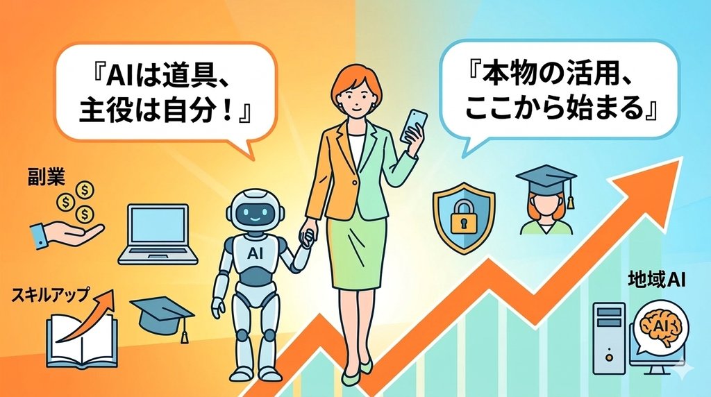 AIロボットの手を引くビジネスパーソンのイラスト：AIは道具、主役は自分という結論を表現