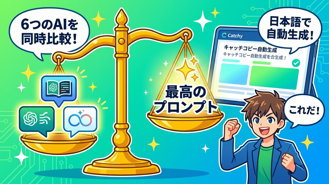 天秤AI BizとCatchyでプロンプトを最適化するイラスト