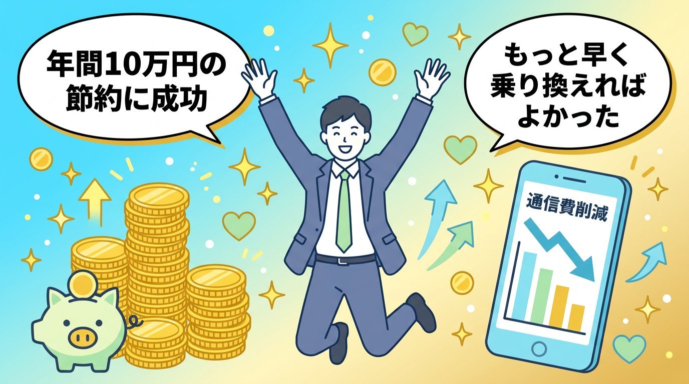 年間10万円の節約に成功して喜ぶビジネスパーソンの未来イメージ