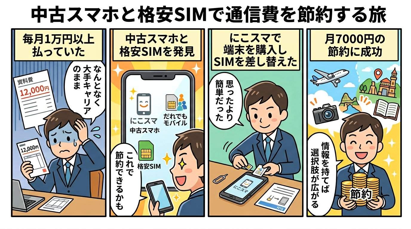 中古スマホと格安SIMで通信費を節約する旅を描いた4コマ漫画