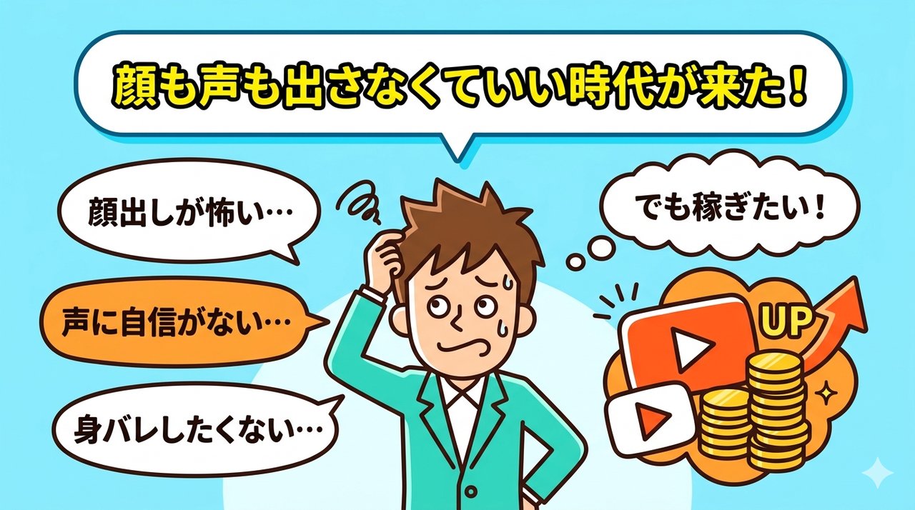 顔出しが怖い・声に自信がない・でも稼ぎたいという悩みを抱えるビジネスパーソンのイラスト