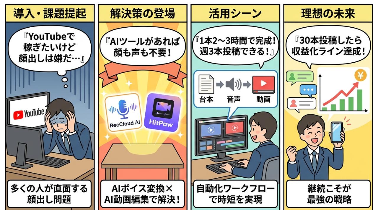 顔出しなしYouTube副業の流れを描いた4コマ漫画
