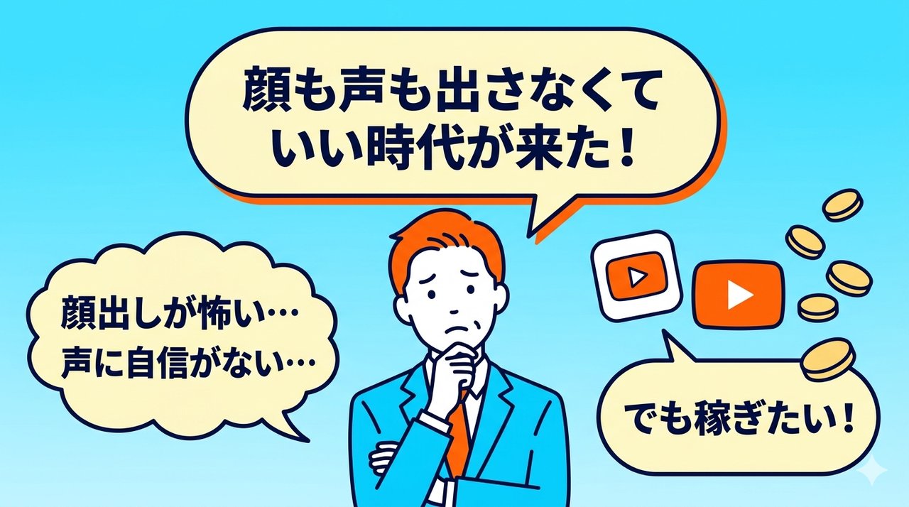 顔も声も出さなくていい時代が来たことを示すシンプルなイラスト