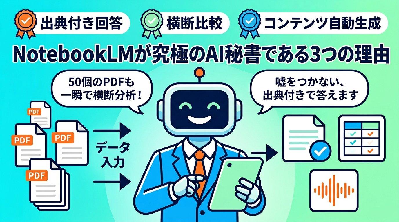 NotebookLMが究極のAI秘書である3つの理由:出典付き回答・横断比較・コンテンツ自動生成