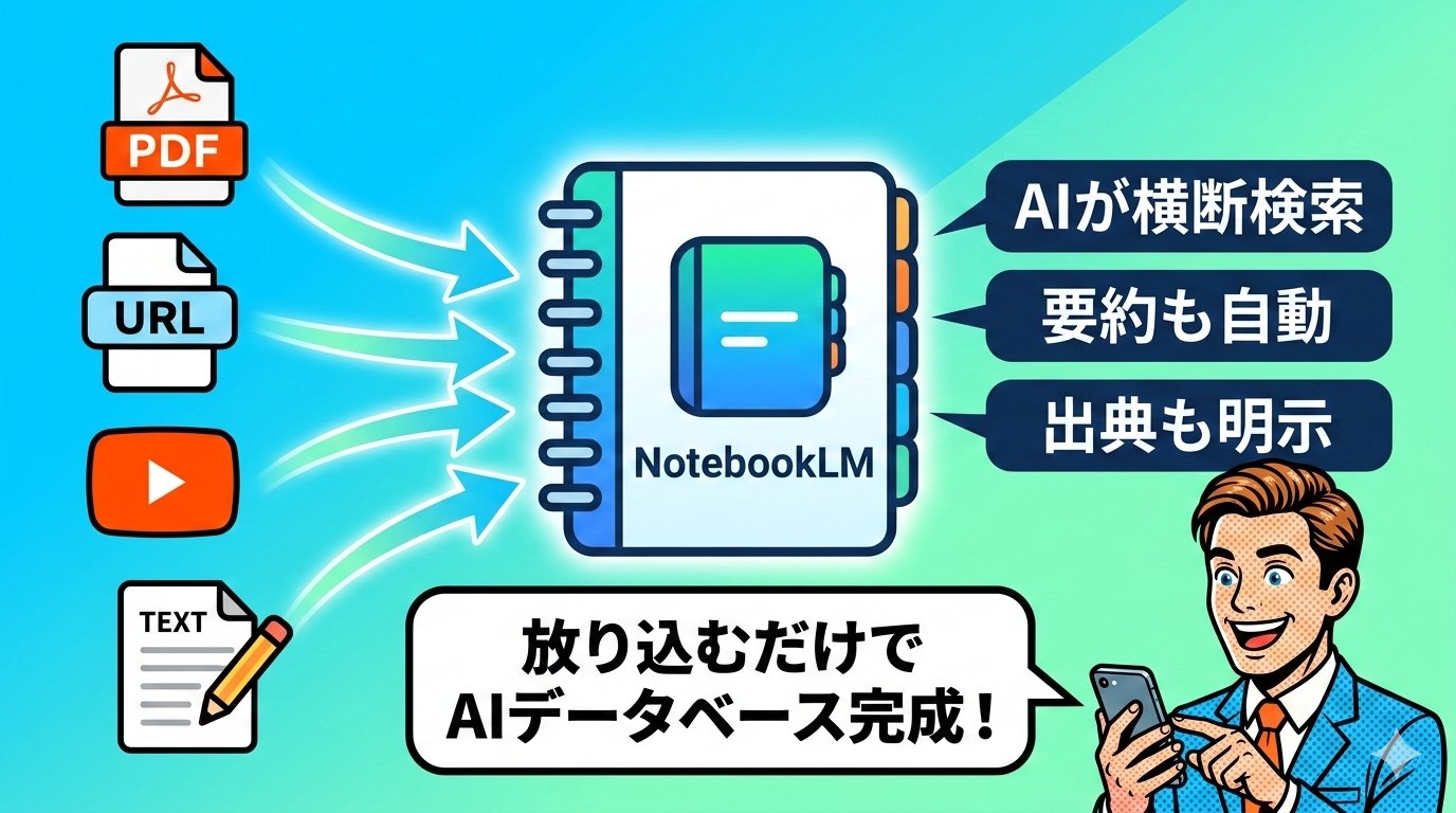 PDF・URL・YouTube・テキストがNotebookLMに集約され、AIが横断検索・要約・出典明示をこなす図解