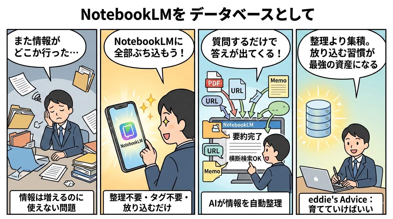 NotebookLMをデータベースとして使う4コマ漫画：情報散乱→NotebookLMに投入→AI自動整理→放り込む習慣が最強の資産に