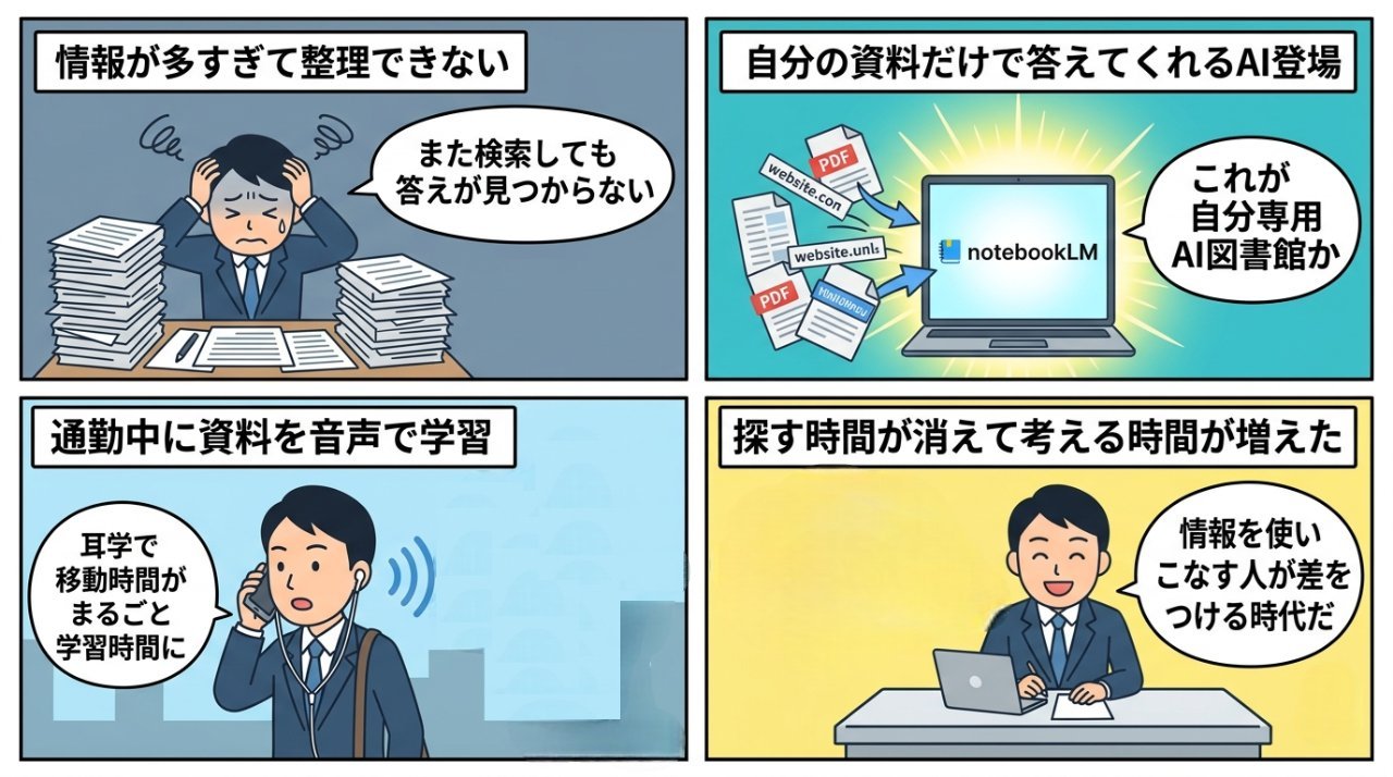 NotebookLM活用を描いた4コマ漫画