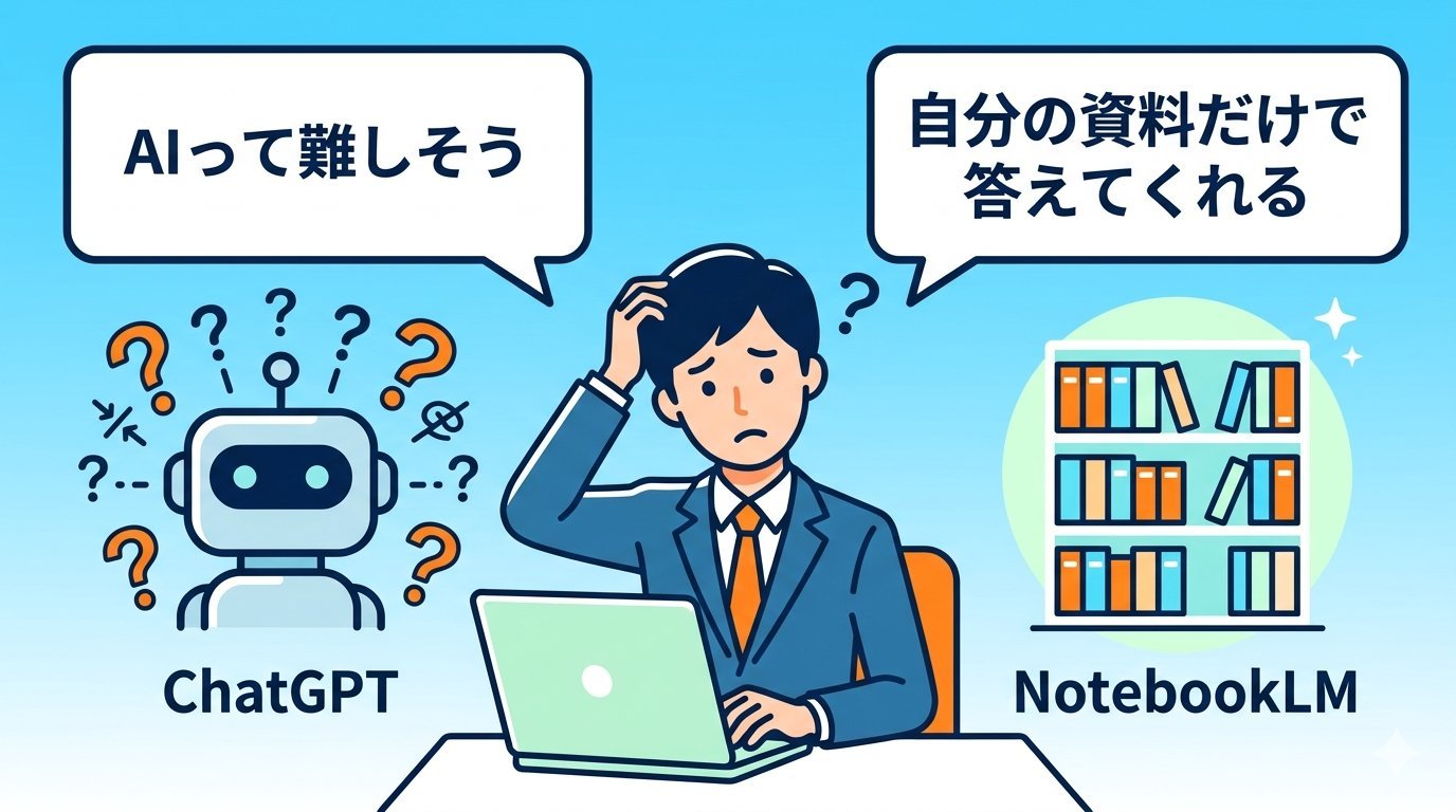 ChatGPTとNotebookLMの違いを比較するイラスト