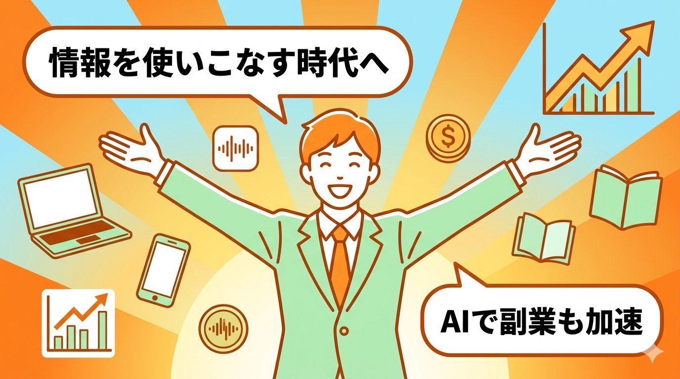 NotebookLM活用後の理想の未来とAI副業加速を表すイラスト