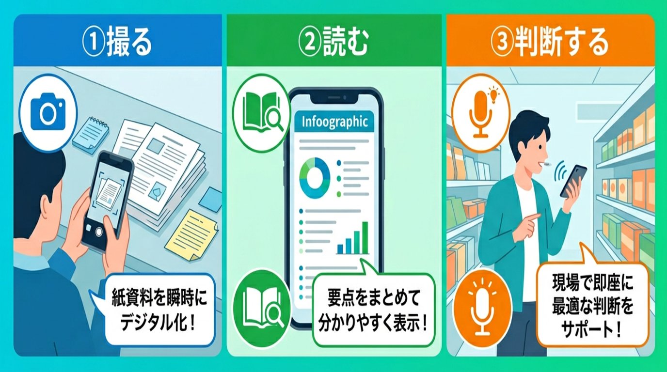 撮る・読む・判断するの3ステップでNotebookLMを活用する方法を示したインフォグラフィック
