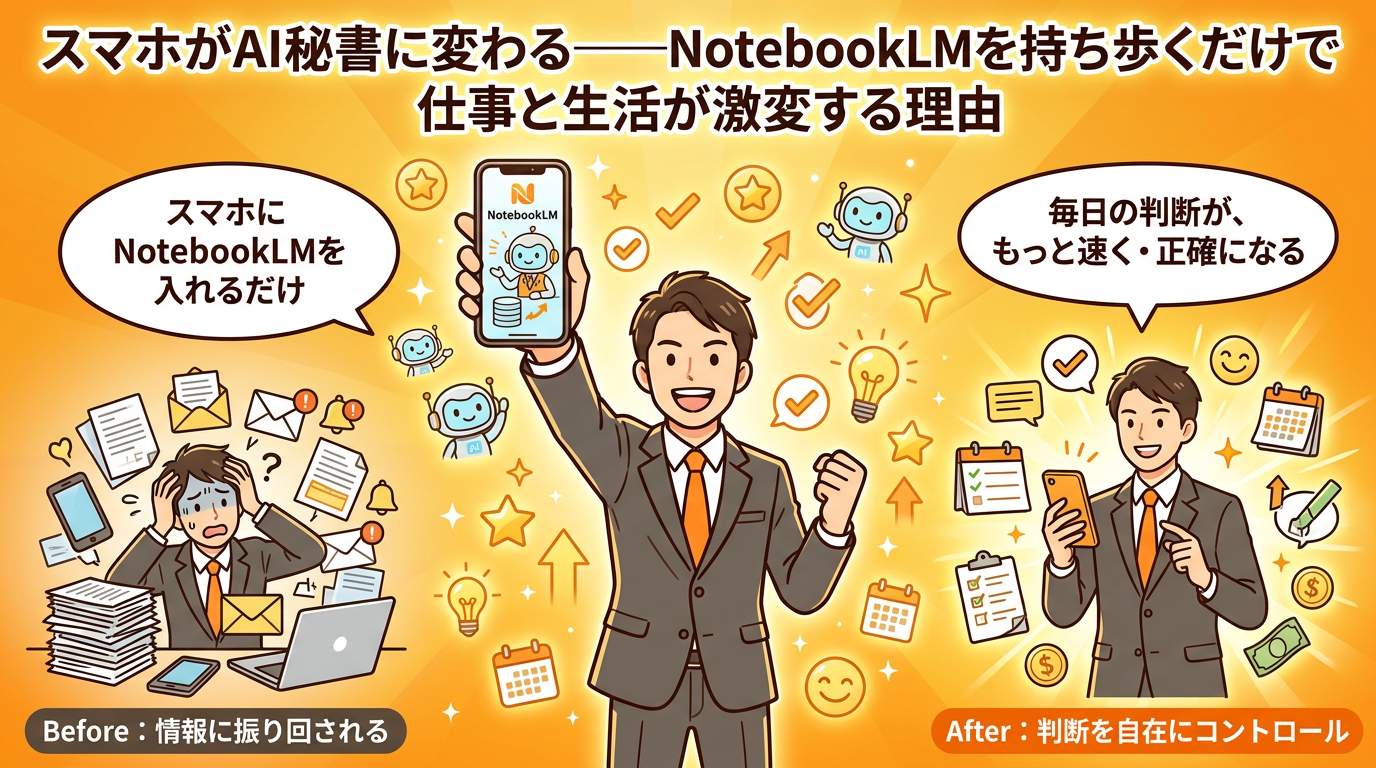 NotebookLMをスマホに入れるだけで判断が速く正確になるBefore/Afterを示した結論イラスト