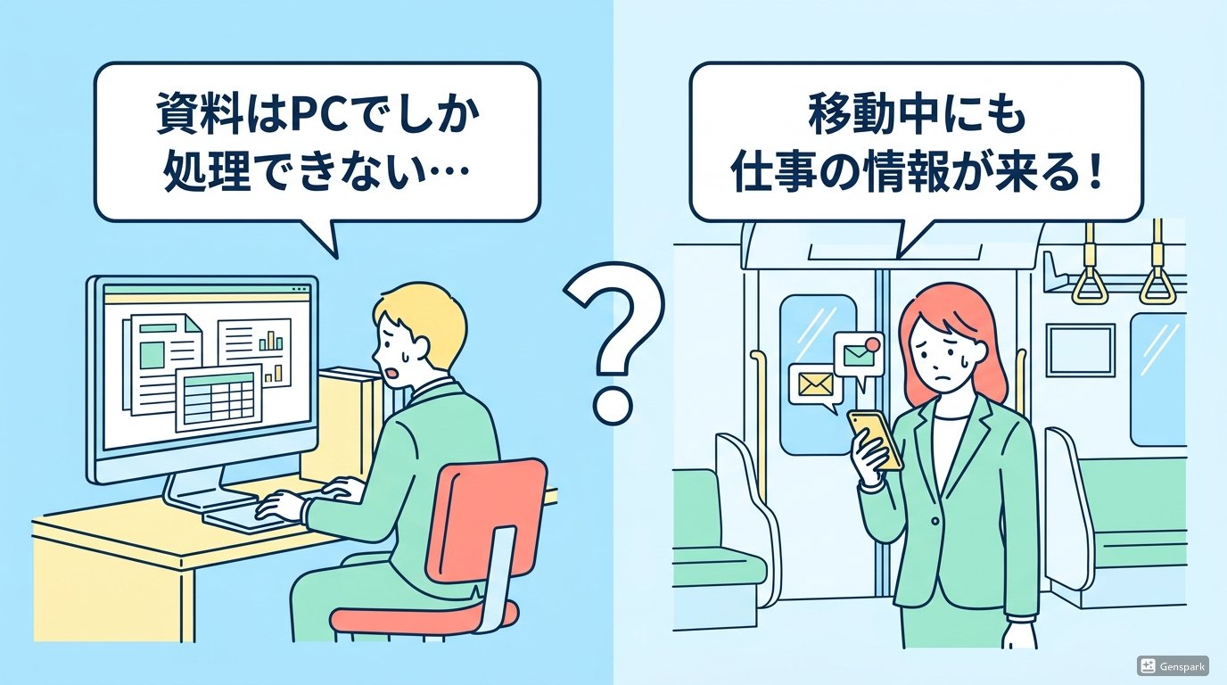 PCの前でしか作業できない男性と、電車内でスマホを見て困っている女性の対比イラスト