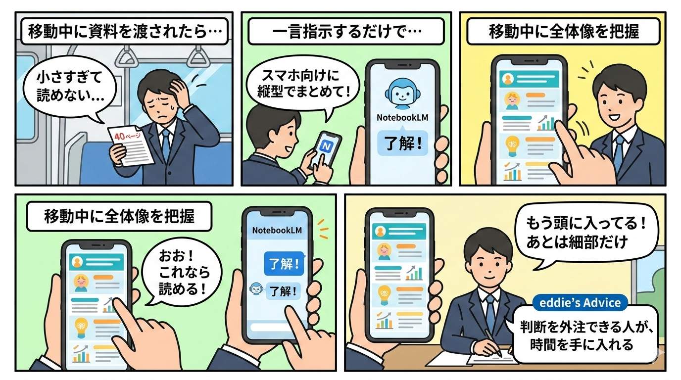 電車内で資料を受け取り困惑する場面からNotebookLMに縦型出力を指示して解決するまでの5コマ漫画