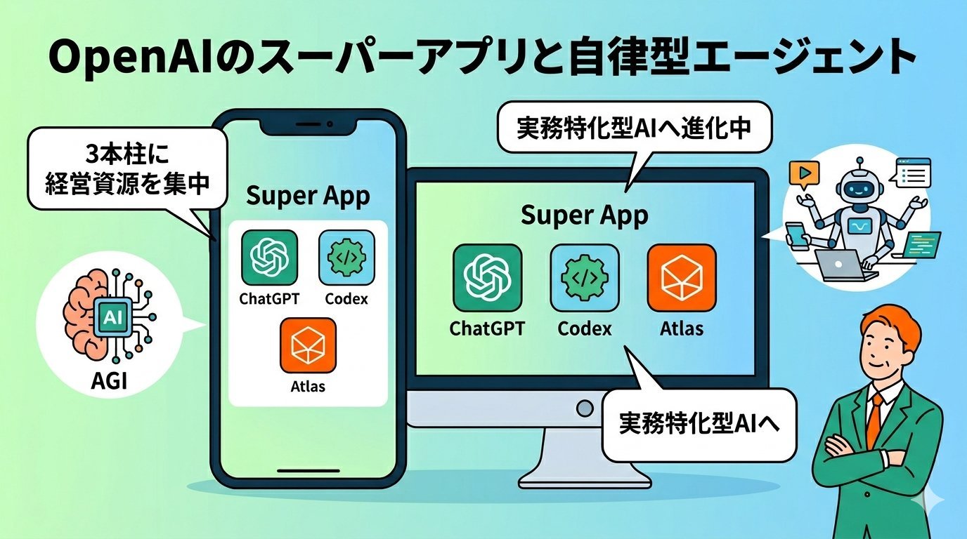 OpenAIのスーパーアプリと自律型エージェントの概念図